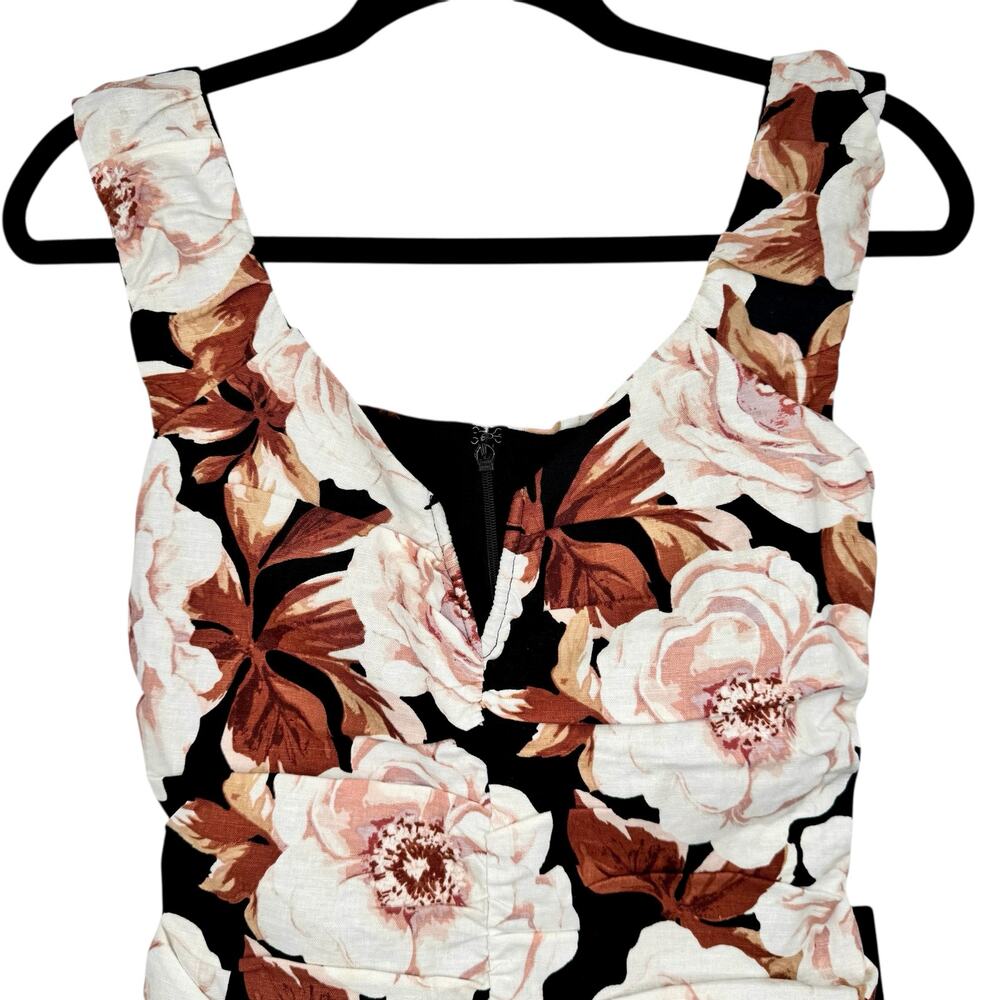 NWT Express Brown/Pink Floral Ruched Mini Dress Size XS Linen Blend Scoop Neck - Picture 8 of 13